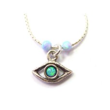 שרשרת עיניים מרושעת של Shablool Silver עם אופל ירוק כחול